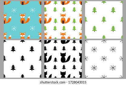 Seamless patterns with cute fox, snowflakes and pine trees. Winter backgrounds. Vector illustration