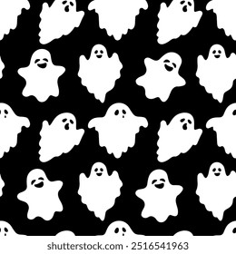 Seamless patterns with cute ghosts on black background. Simple spooky character. Festive background for Halloween. Vector illustration