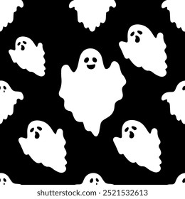 Seamless patterns with cute ghosts on black background. Simple spooky character. Festive background for Halloween. Vector illustration