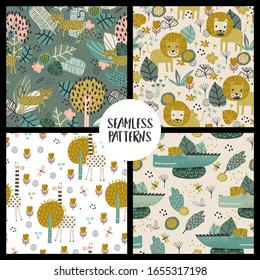 Seamless patterns with cute giraffe, lion, alligator and tropical plants. Vector texture in childish style great for fabric and textile, wallpapers, backgrounds. Creative jungle childish texture.