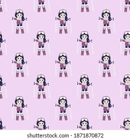 Seamless patterns. A cute girl is skiing on a light pink background. Winter sports and children in winter. Vector illustration. For design, textile, packaging, wallpaper and printing