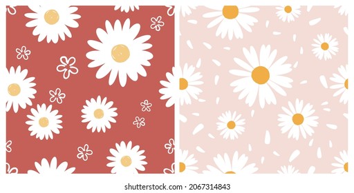 Seamless patterns with cute hand drawn daisy flower on red and pink backgrounds vector illustration. 