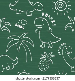 Seamless patterns with cute hand drawn sketches with dinosaurs. Funny dinos on chalkboard. Endless texture can be used for pattern fills, web page background, surface texture. Vector EPS8