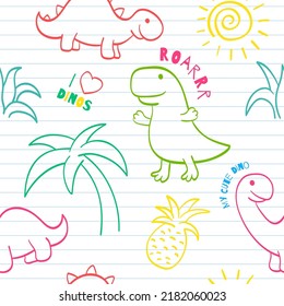 Seamless patterns with cute hand drawn sketches with dinosaurs. Funny dino on notebook page. Endless texture can be used for pattern fills, web page background, surface texture. Vector EPS8