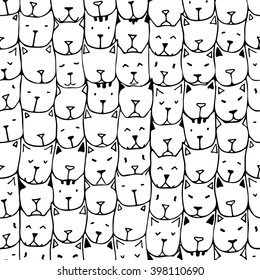 Seamless patterns with cute hand drawn cats. Vintage vector illustration. Doodle art.  Background with cat faces. Adult coloring pages.  Zentangle coloring book.
