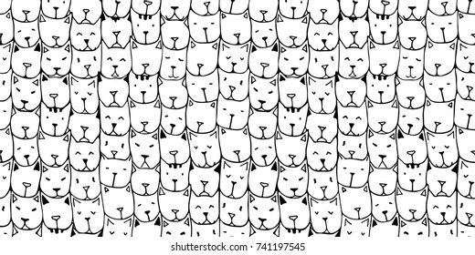 Seamless patterns with cute hand drawn cats. Vintage vector illustration. Doodle art. Background with cat faces. Adult coloring pages. Zentangle coloring book.