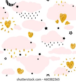 Seamless patterns with Cute hearts, Baby elements. Happy Birthday children design. Colorful night sky with stars, clouds, gold doodle decoration. Hand drawn vector illustration, separated elements.