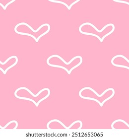 Patrones sin fisuras de lindos corazones de dibujos animados doodle sobre fondo rosa.