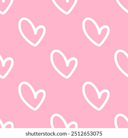 Patrones sin fisuras de lindos corazones de dibujos animados doodle sobre fondo rosa.