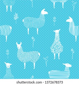 Seamless patterns of cute llama or alpaca . Hand-drawn vector illustration