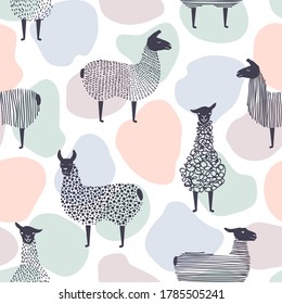 Seamless patterns of cute llama or alpaca.Hand-drawn vector illustration.Contemporary modern trendy.Abstract backgrounds.