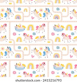 Seamless patterns with cute magical unicorns and rainbows. Vector illustration