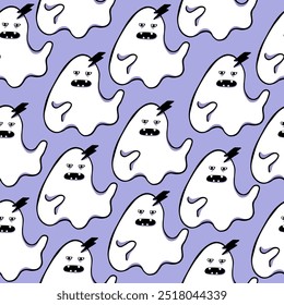 nahtlose Muster mit niedlichen minimalistischen Halloween-Geistern in Vektorgrafik. Vorlage für Textil-Hintergründe Hintergrund Tapete Dekoration Postkarte Poster Print Banner