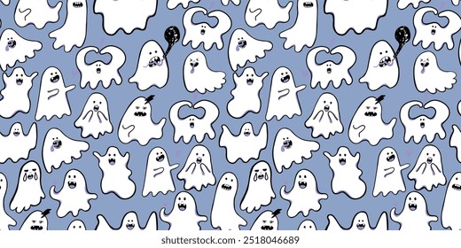 seamless patterns with cute minimalistic halloween ghosts in vector. template for textile backgrounds backdrop wallpaper decoration postcard poster print banner