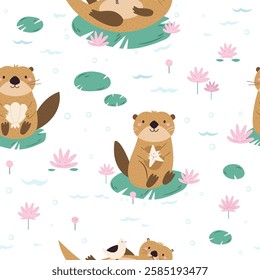 Seamless patterns with cute otters floating among water lilies. Colorful design for gift boxes, wrapping paper, fabric