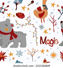 Patrones sin foco con un oso polar lindo en una bufanda, gallina de invierno divertida, magia de letras, flores brillantes, hojas de colores. Navidad en Escandinavia. Ilustración vectorial.