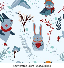 Seamless patterns with with a cute rabbit in a scarf, funny owl, rabbit holding a heart, bright flowers, colored leaves. Magical winter. Vector illustration.