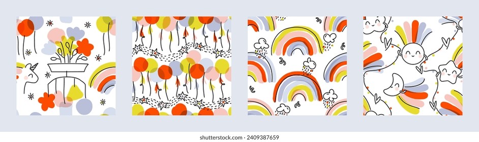 Seamless patterns with cute rainbow, cheerful unicorn, multicolored balloons and bed bell toy. Kids designs set of cute characters. Colorful vector illustrations for childrens wallpaper or packaging