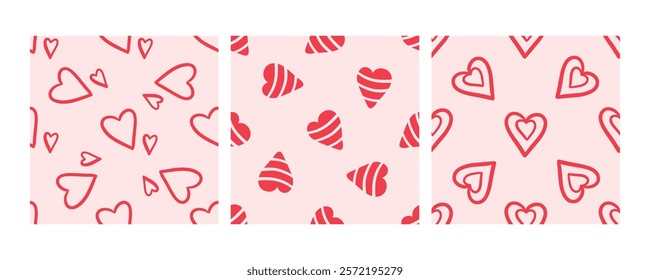 Seamless patterns with cute red hearts on pastel background