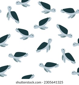 Seamless patterns with cute turtles on the white background.