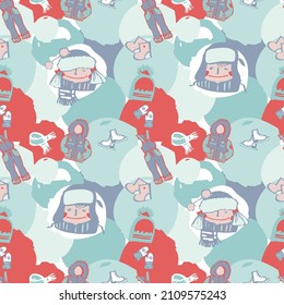 Seamless patterns with cute winter attributes and characters. They can be used for children's fabrics, creativity, packaging paper.