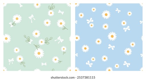 Seamless patterns with daisy flower, green branch and ribbon bow on green and blue backgrounds vector.