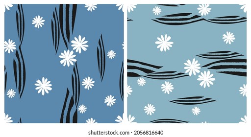 Seamless patterns of daisy flower and hand drawn line art on blue backgrounds  vector illustration. 