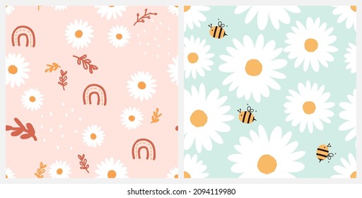 Seamless patterns with daisy flower, hand drawn leaves, rainbow and bee cartoons on pink and green backgrounds vector illustration. Cute floral wallpapers.