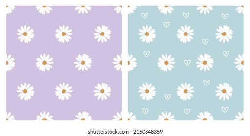 Seamless patterns with daisy flower and hand drawn hearts on purple and green mint backgrounds vector illustration. Cute floral print.