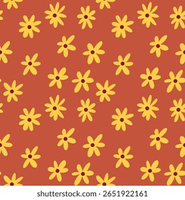 Seamless patterns with daisy flower, meadow and hand drawn on an orange background vector illustration. Spring pattern. Summer pattern. Cute summer wallpaper. Vector illustration, EPS 10.