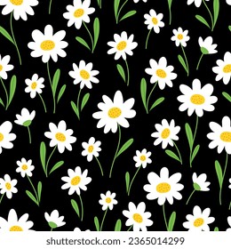 Seamless patterns with daisy flower on black background. Hand drawn vector illustration. Summer cute texture.