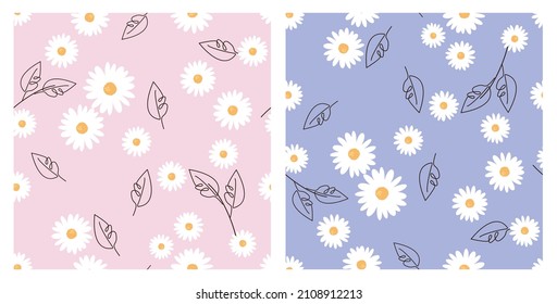 Seamless patterns with daisy flower and one line art of leaves on pink and purple backgrounds vector illustration. Cute floral print.