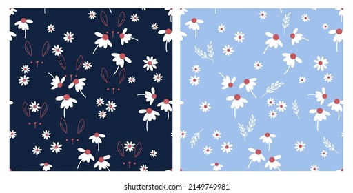 Seamless patterns with daisy flower, rabbit and branch on blue backgrounds vector illustration.