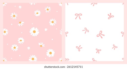 Seamless patterns with daisy flower and ribbon bows on pink and white backgrounds vector.