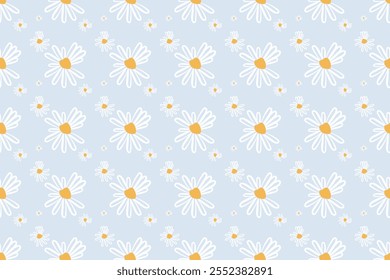 A Seamless patterns with daisy flowers and meadow and hand drawn of daisy flowers on blue backgrounds vector illustration