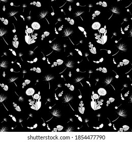 Seamless patterns. Dandelion seeds and leaves on a black background. Contrast endless vector illustration.
