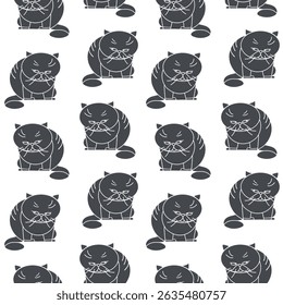 Seamless patterns with dark silhouettes of cats. Cat sitting. White background