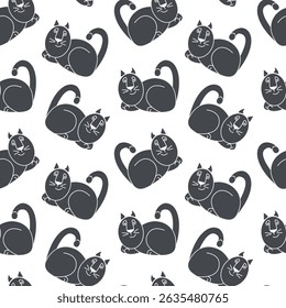 Seamless patterns with dark silhouettes of cats. The cat is lying. White background