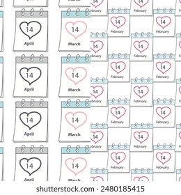 Seamless patterns Date of St. Valentines Day, White and Black Day 14 February, 14 March and 14 April