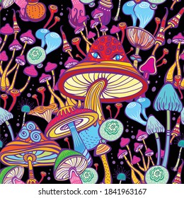 Seamless patterns with decorative doodle mushrooms