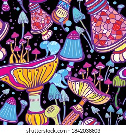 Seamless patterns with decorative doodle mushrooms