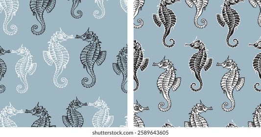 Seamless patterns of decorative drawn sea ​​horses, vector backgrounds, wallpaper, paper, fabric