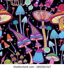 Seamless patterns with decorative mushrooms