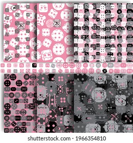 Seamless patterns with decorative sewing buttons and pins.Different set.Backgrounds and textures. Pink,gray, black, white color. Print on fabric and packaging. Tailoring, scrapbooking, template.