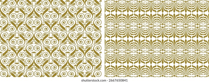 Nahtlose Muster von dekorativen Vintage-Design-Elemente, floral, Silhouetten, symmetrisch, Vektor, golden, Hintergrund, Tapete, Papier, Textil, Stoff