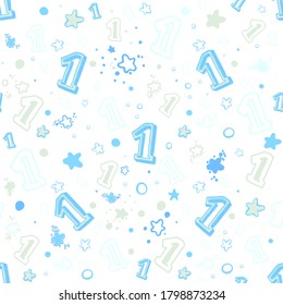 Seamless patterns. Delicate blue numbers, stars on a white background. Endless vector illustration. Used for fabric printing of baby bedding, clothing, packaging, background fill, etc.