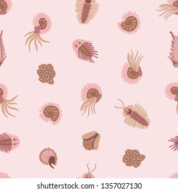 Seamless patterns design for fabric or wrap paper. Chambered Nautilus (Nautilus Pompilius) and other shells isolated on pink background. Pearly shell ocean mollusks.  Vector illustration. svg