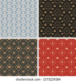 Papel tapiz de diseño sin problemas. Estilo real. Tejidos de ejemplo para la decoración y el diseño. Cuatro motivos florales para tu diseño: tarjetas, carteles, papeles pintados, papel impreso, envoltura de regalo, portadas. Vector.