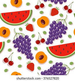 Seamless Patterns with Different Berries and Fruits: Cherry, Apricot, Strawberry, Watermelon and Grapes. Vector illustration in flat style