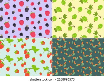Seamless patterns with different berries. Nature textures in flat style.